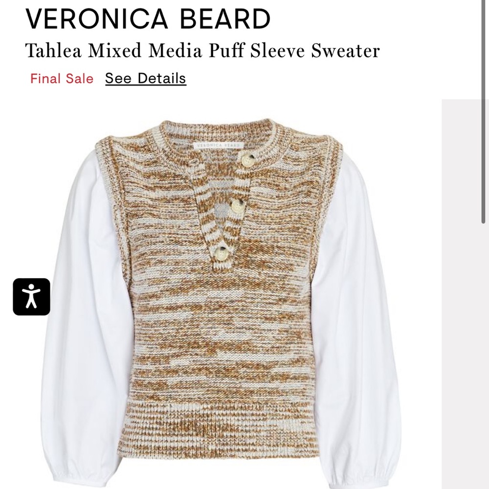 Veronica Beard Mixed Media Puff Sleeve Sweater - Brown and White